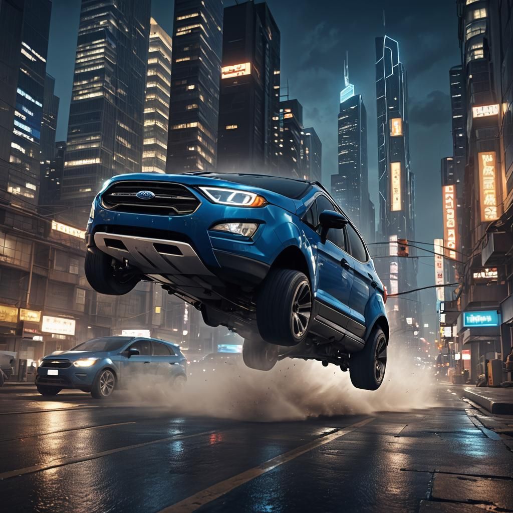 Ford Ecosport Speeding Through Cyberpunk Cityscape