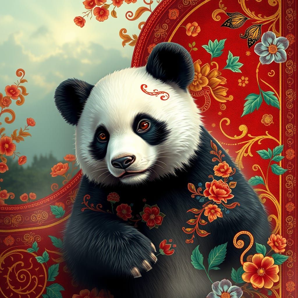 Persian-Inspired Panda in Luxurious, Dreamy Landscape