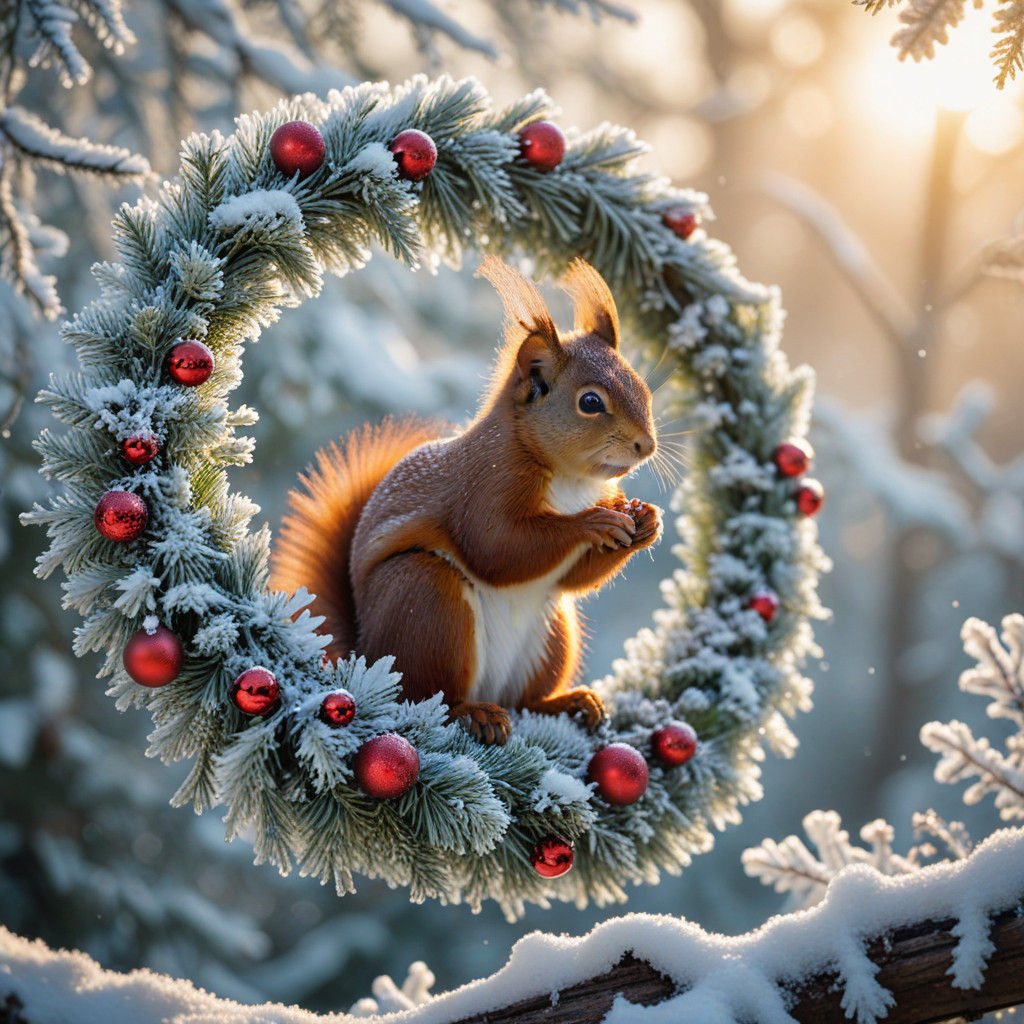Warm Winter Wonderland with Red Squirrel in Golden Hour