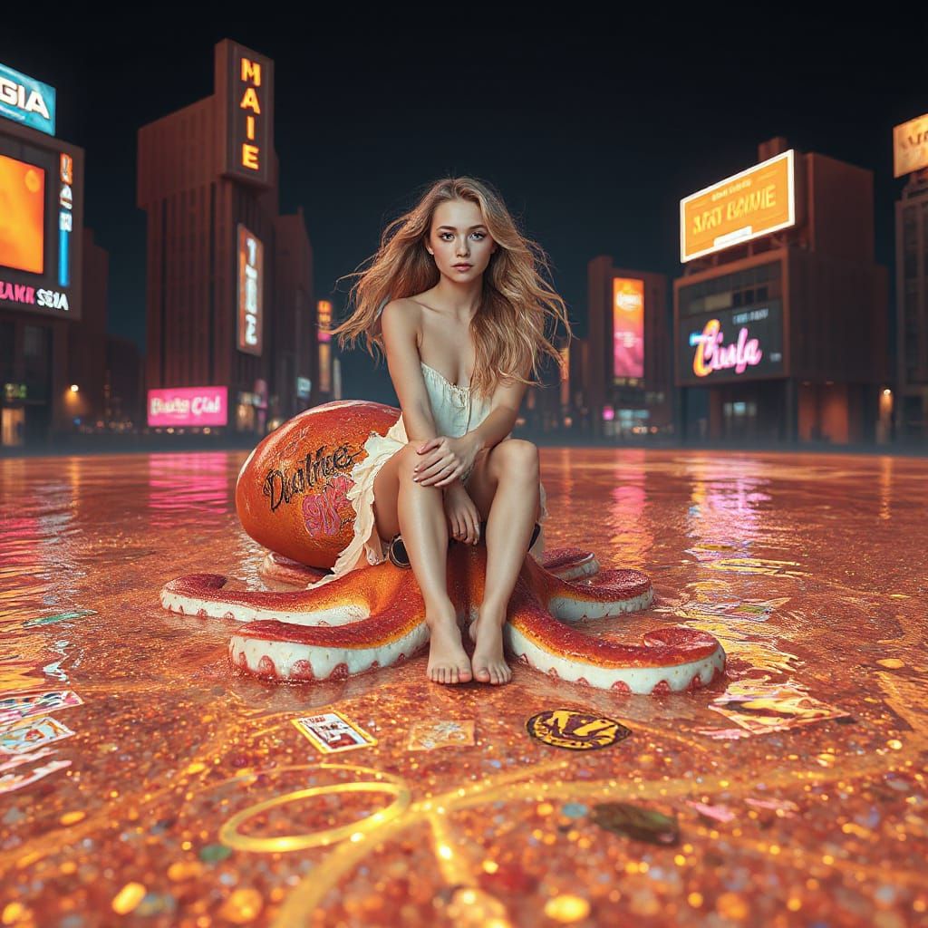 Luminous Woman on Iridescent Squid in Surreal Soda Sea