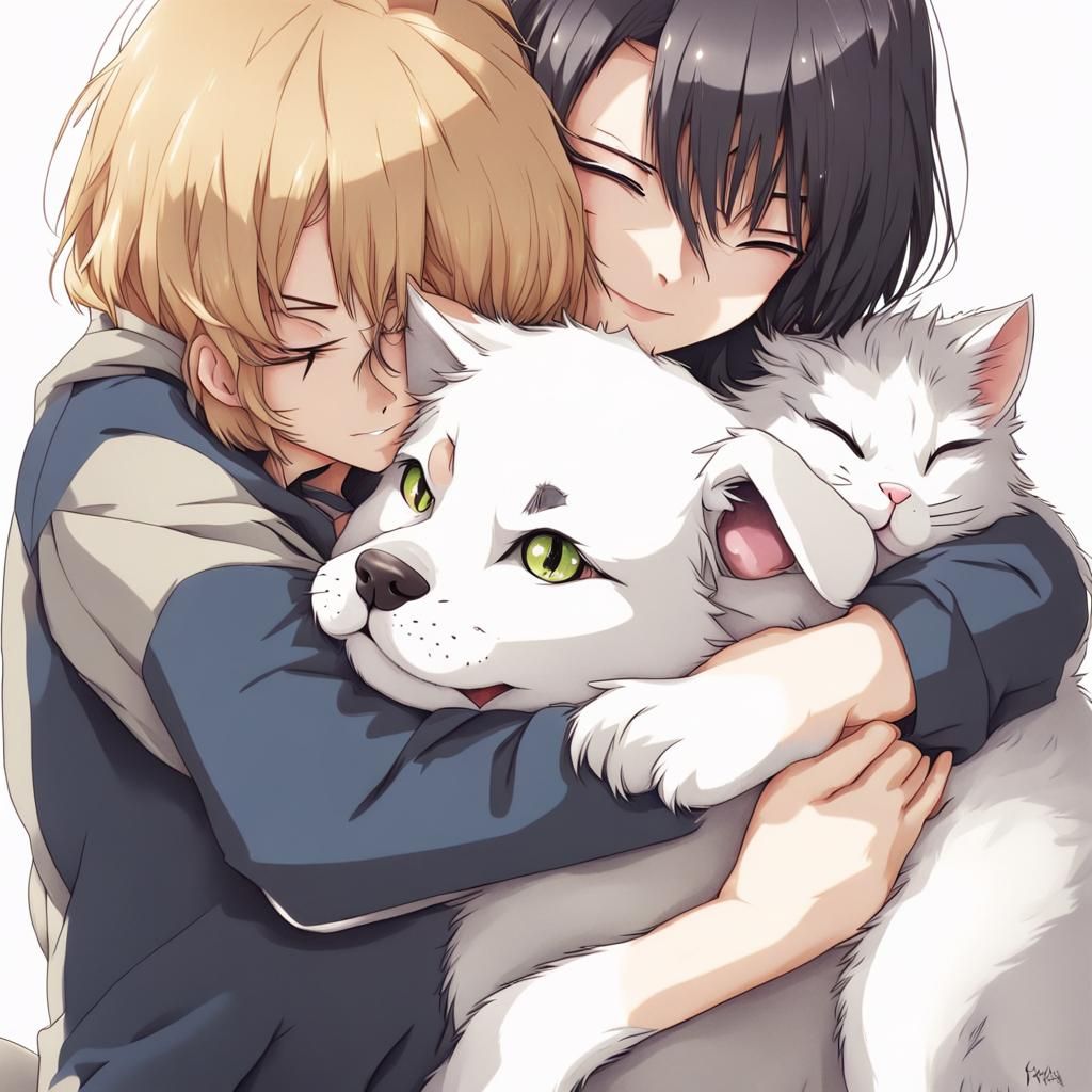 Cat and Dog Hugging in Anime Style