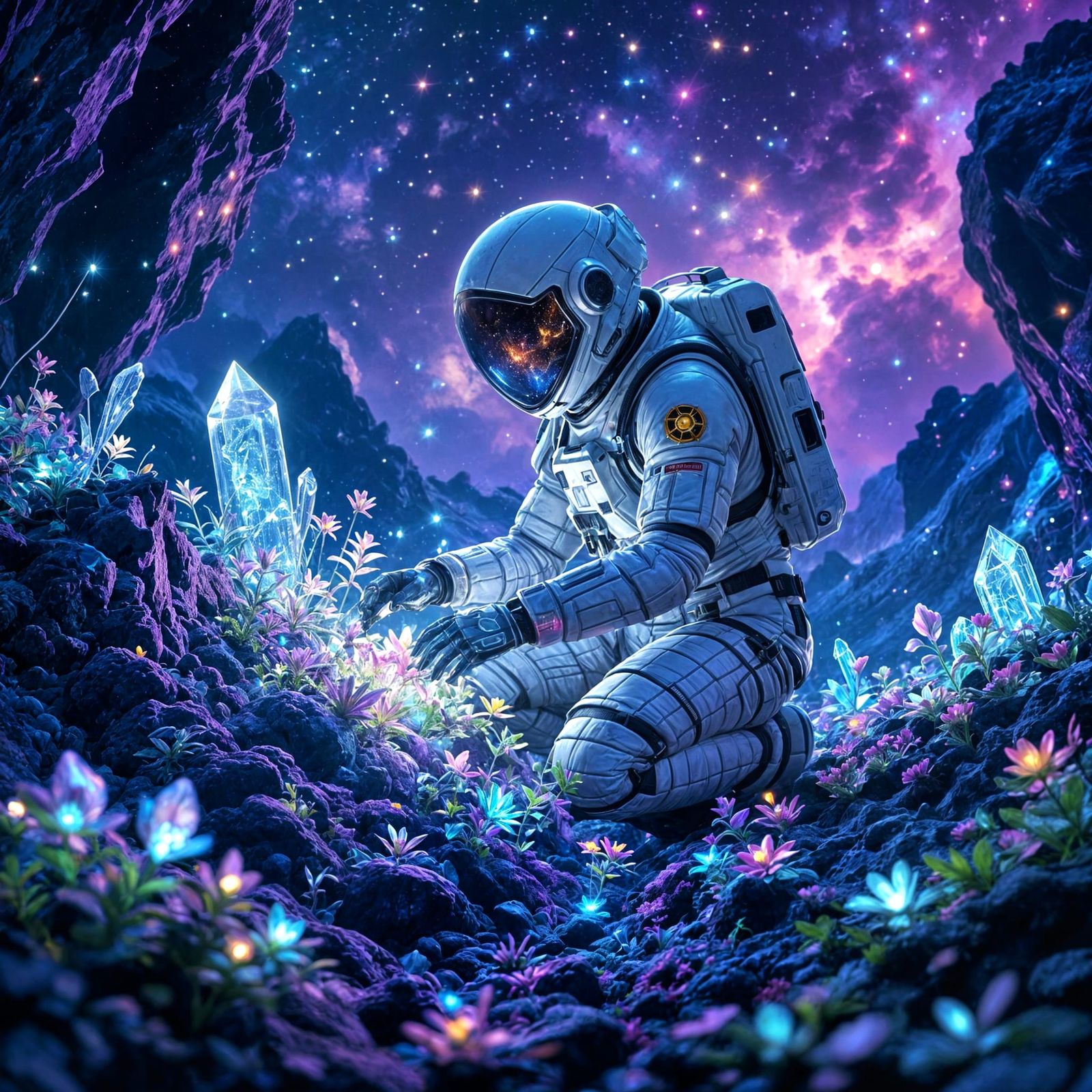 Botanist and Bioluminescent Flora on Asteroid