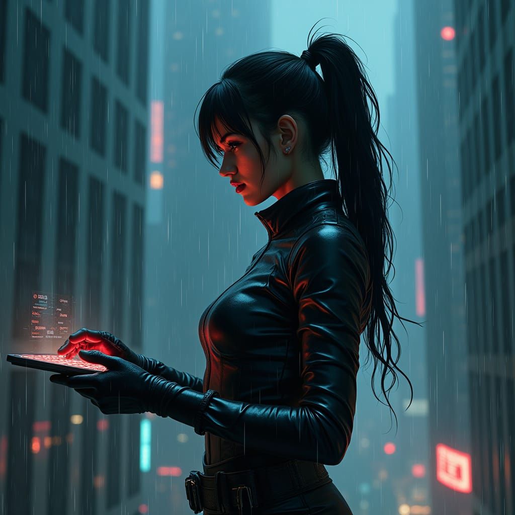 Cyberpunk Hacker in Neon-Lit Cityscape