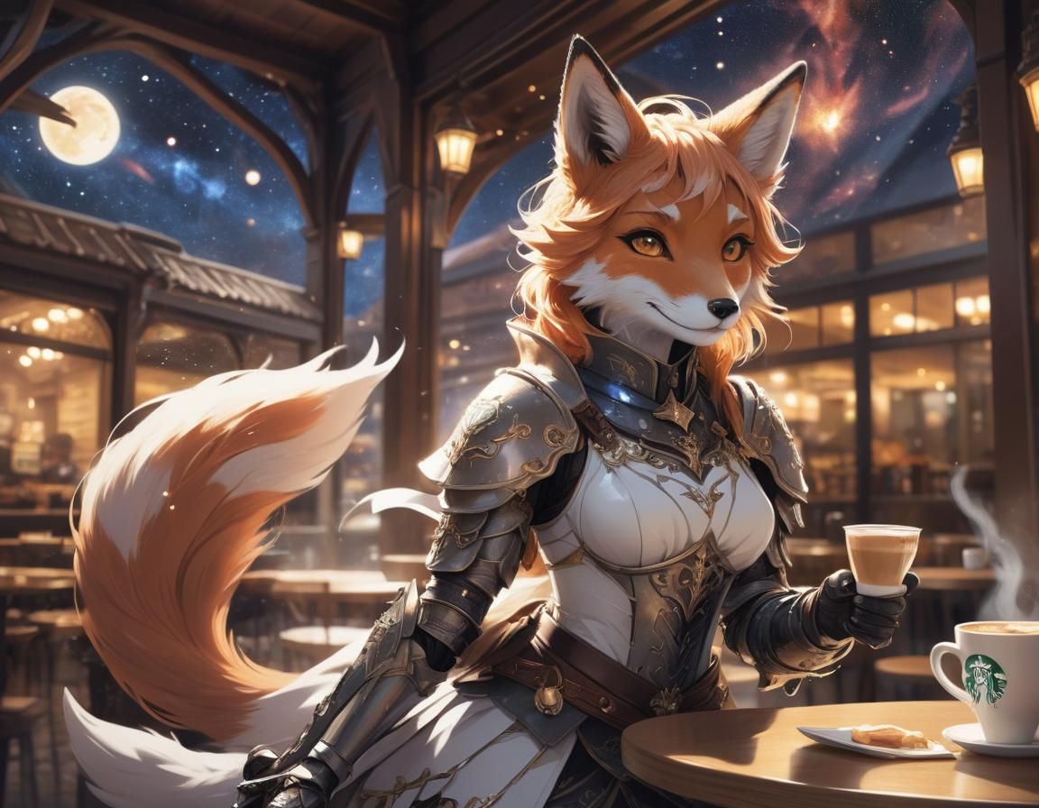 Anime Fox Knight at Starbucks Cafe