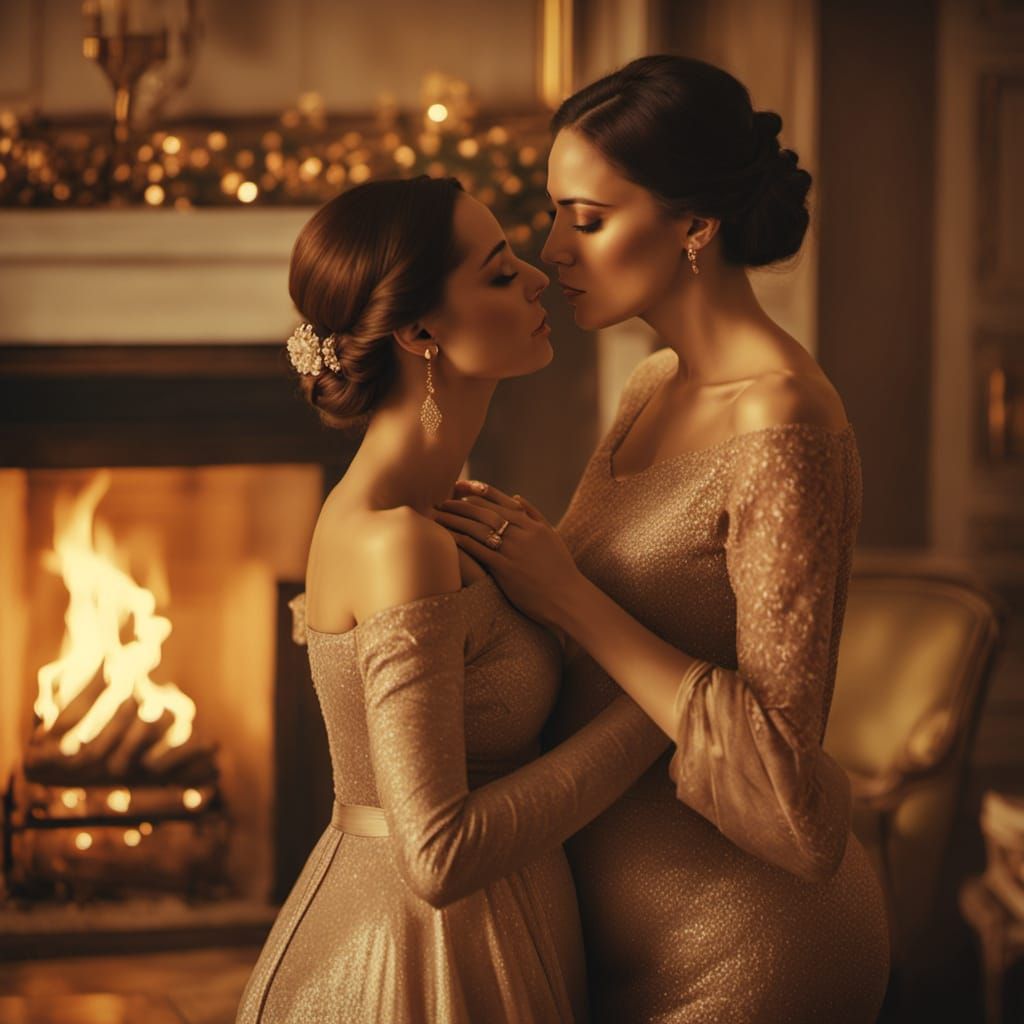 Tender Love Between Two Pregnant Women in a Cozy Winter Scen...