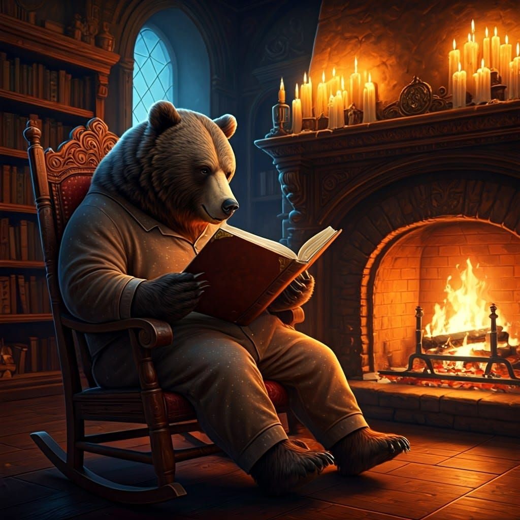 Bear Reading Book by Fireplace in Cozy Study