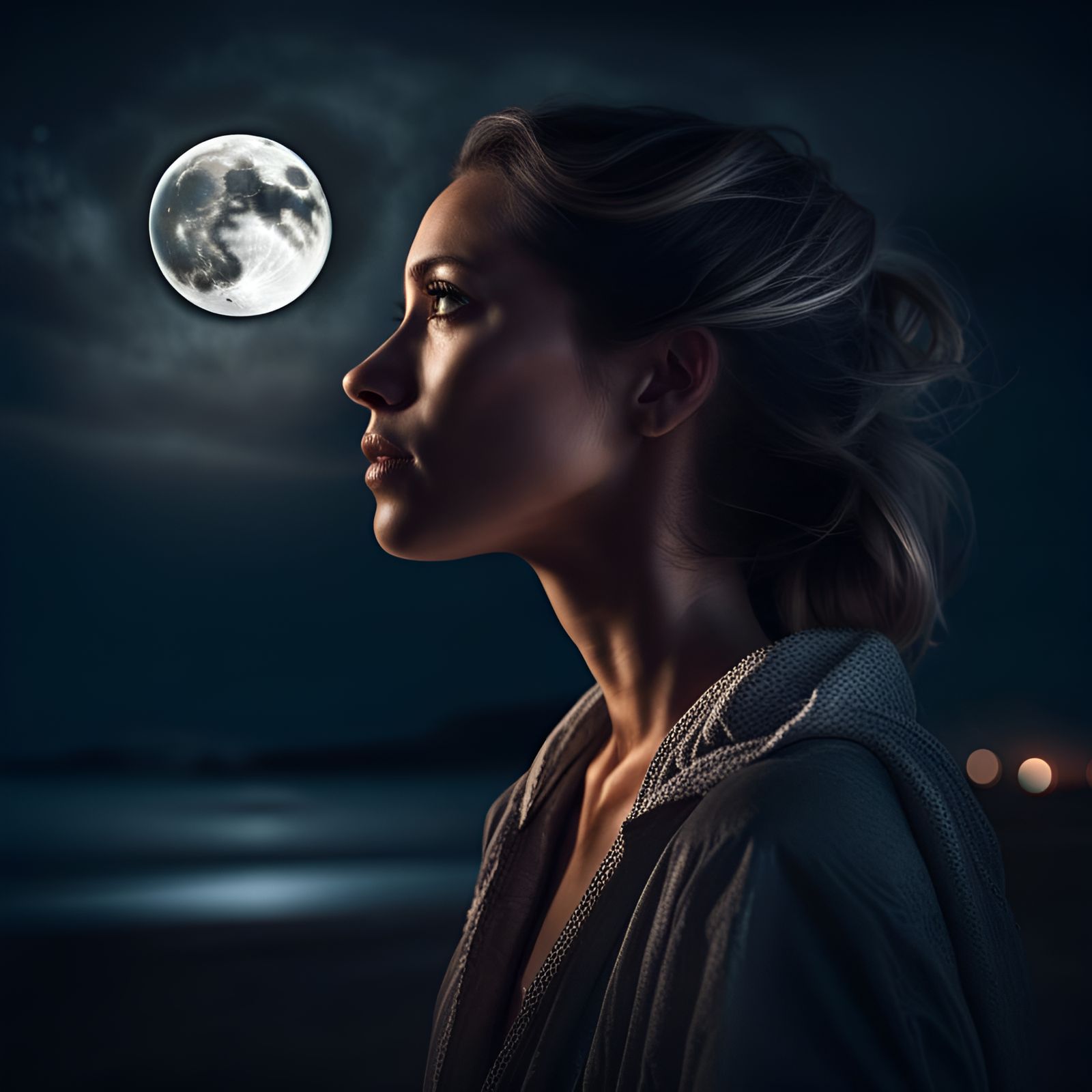 Hyperrealistic Woman Gazing at the Full Moon