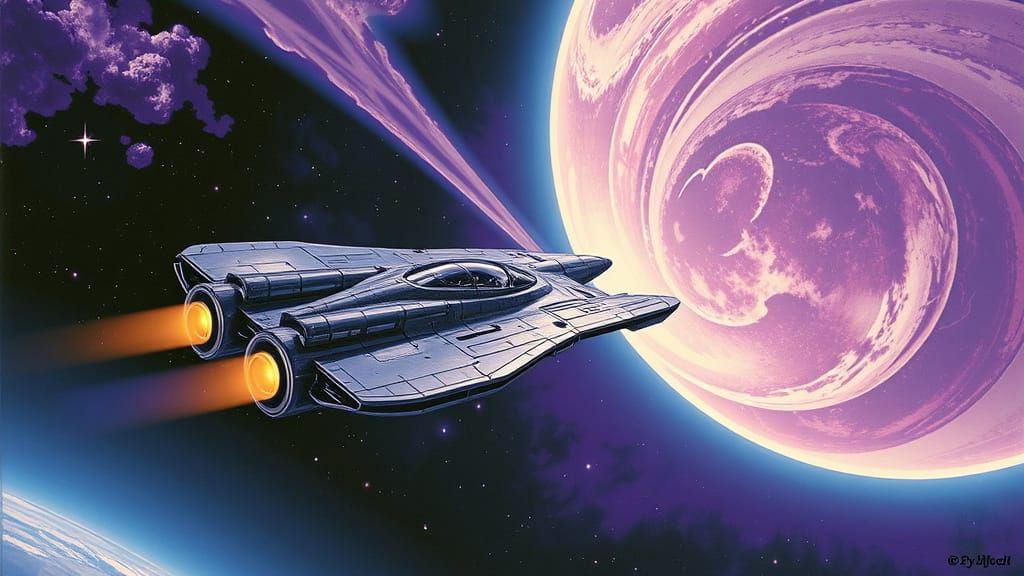 Sleek Spaceship Flies Through Alien Worlds