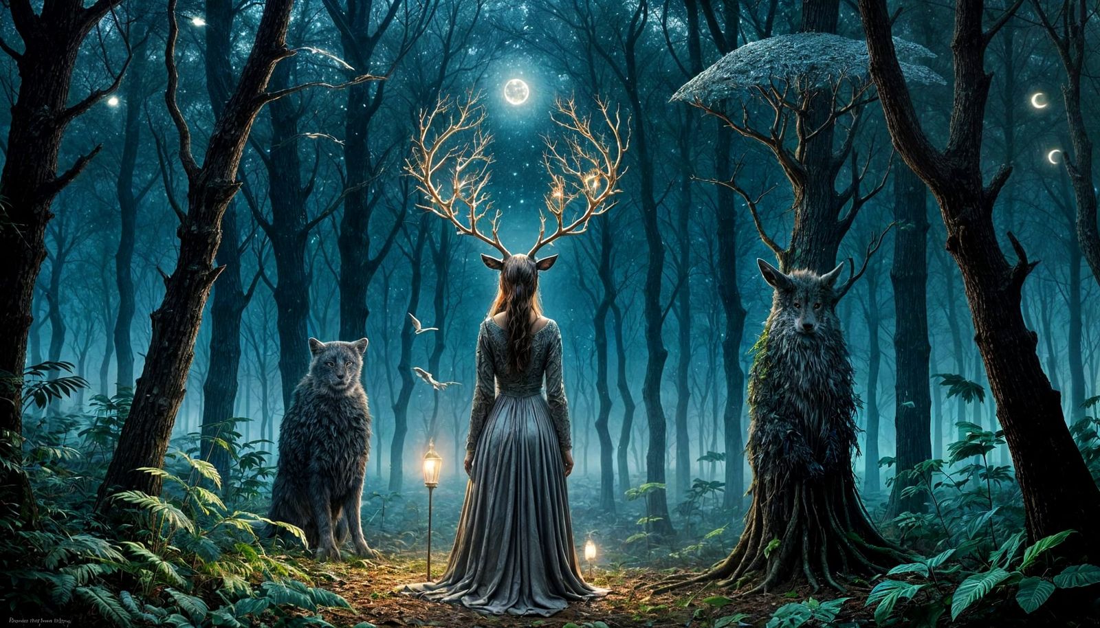 Mystical Night Forest in Mixed Media Style