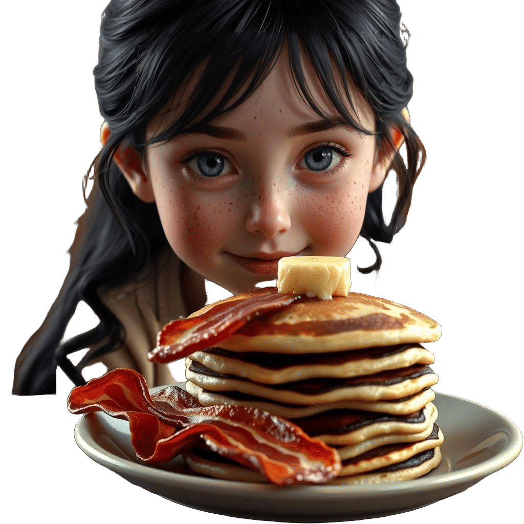 Tall, Freckled Girl Surrounded by Pancakes in Soft Light