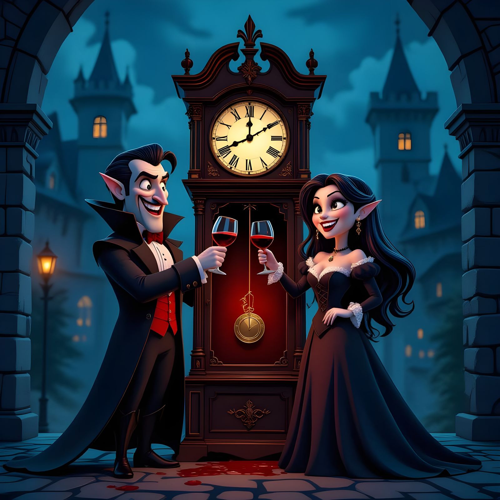 Cartoon Vampires Toast New Year In Castle