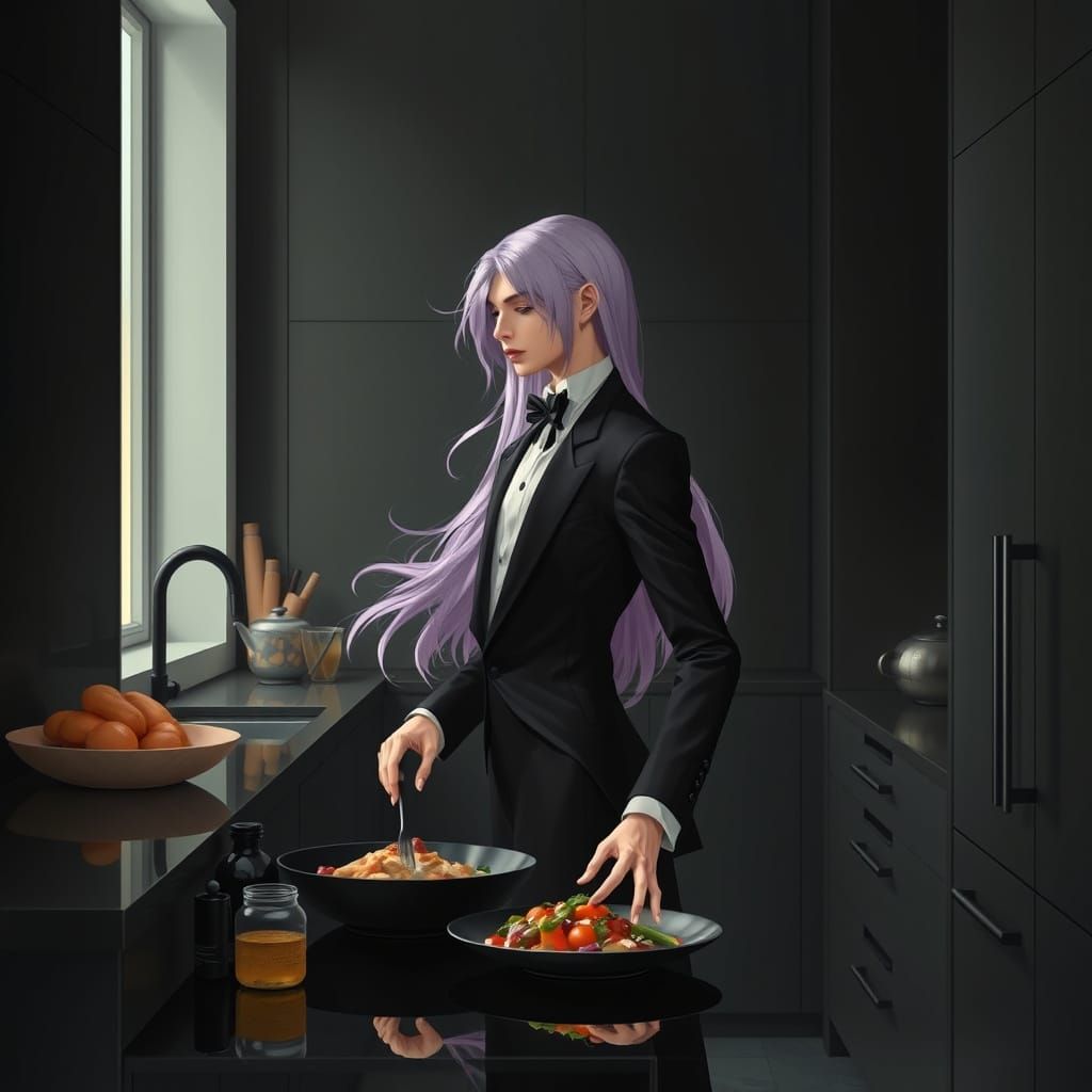 Androgynous Figure in Art Nouveau Kitchen