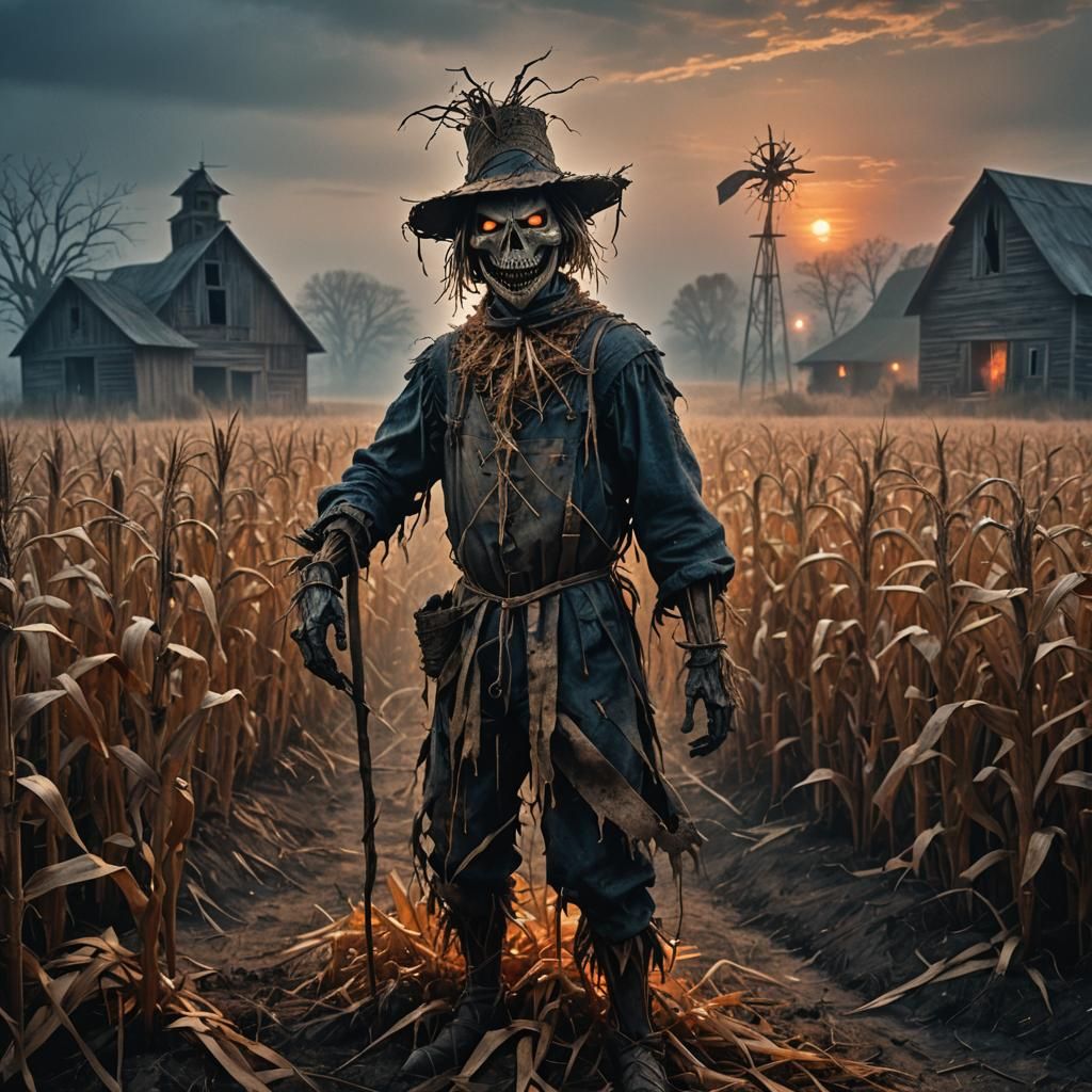Menacing Scarecrow in Dark Cornfield: Fantasy Art