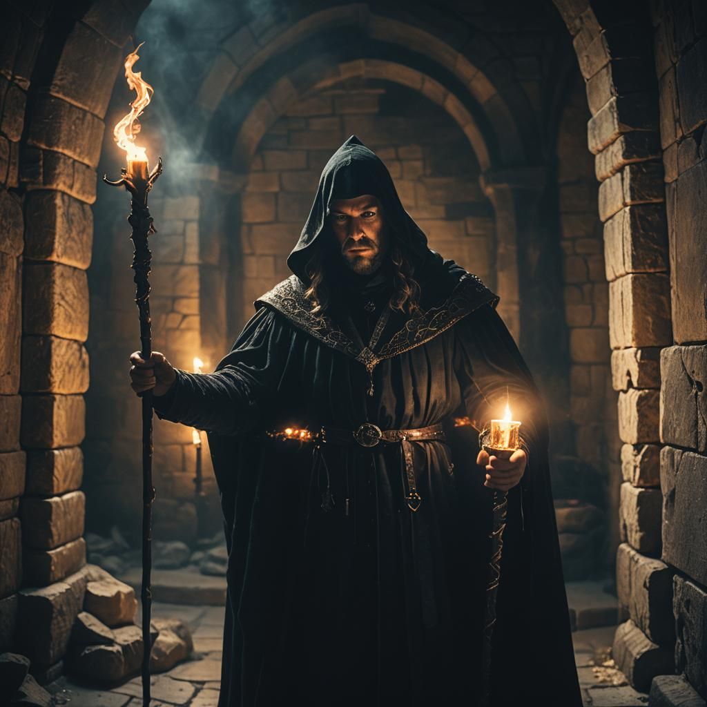 Medieval Mage with Glowing Staff in Dark Chamber