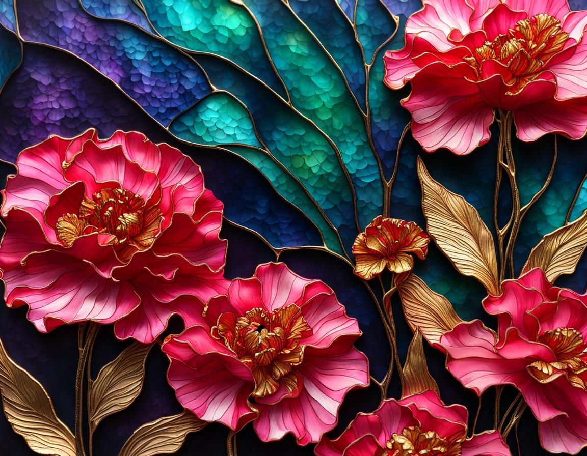 Stained Glass Carnation Garden with Gold Dust