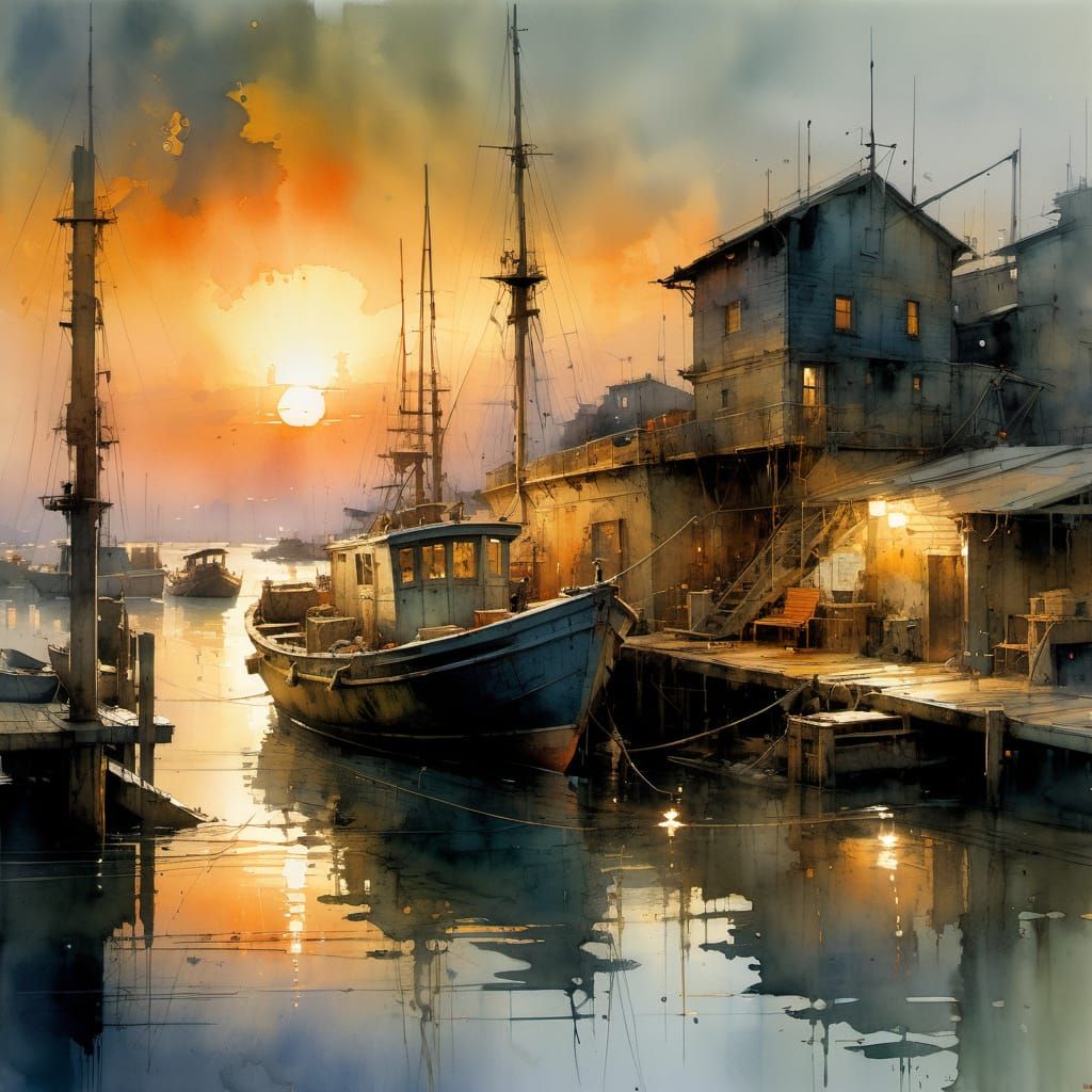 Vibrant Watercolour Painting of Fishboat at Sunset Dock