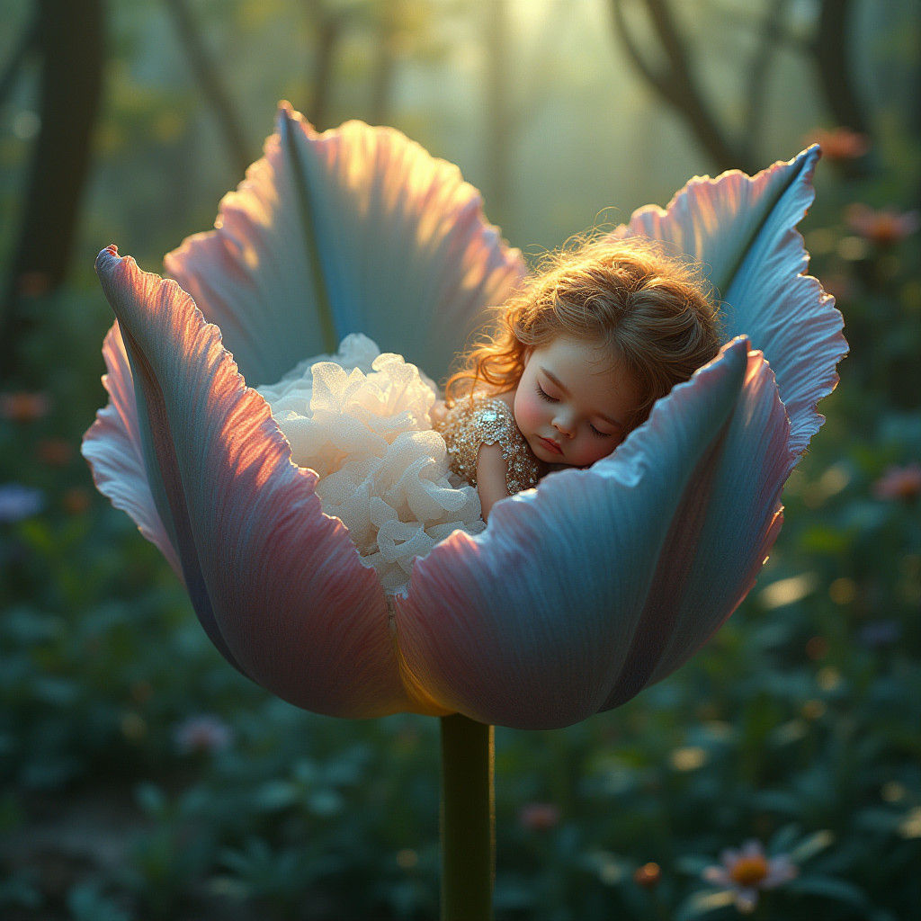 Sleeping Tulip Fairy in Art Nouveau Style