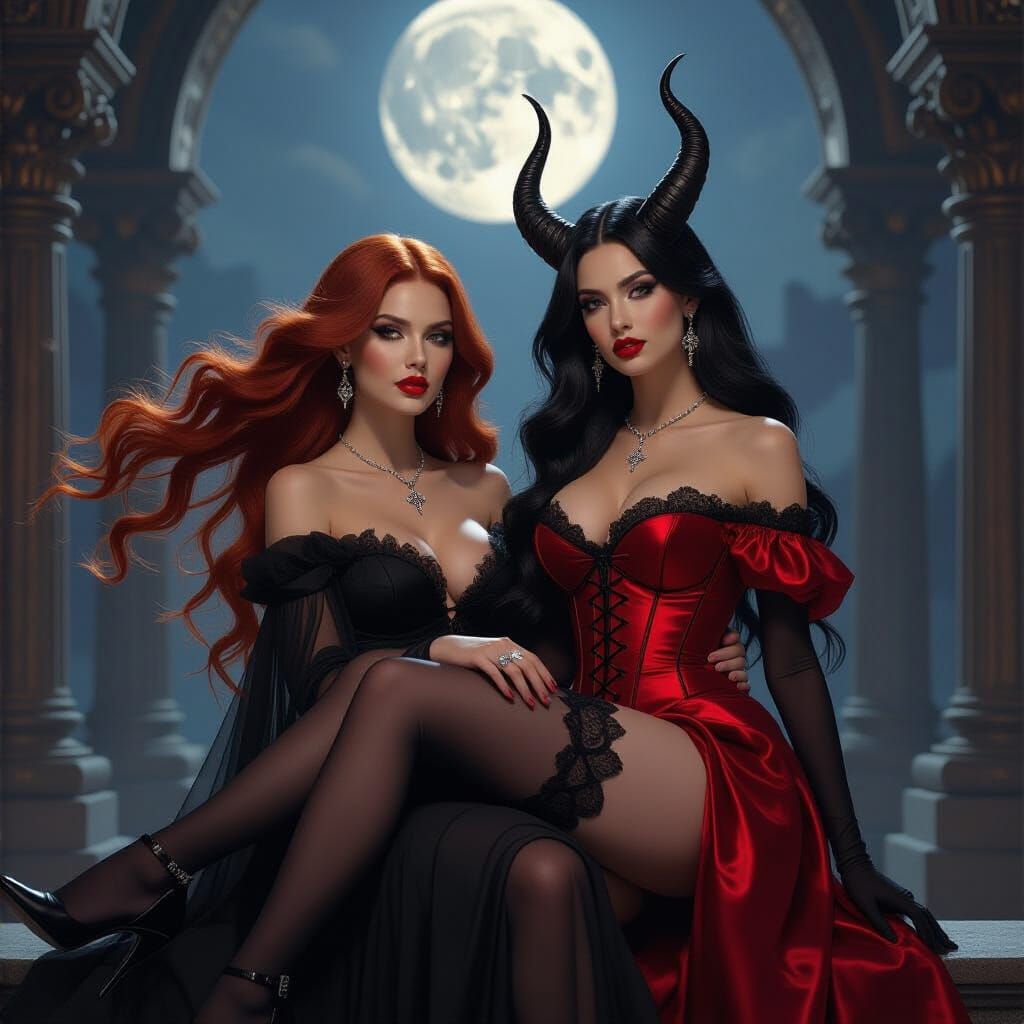 Goddesses Embrace in Temple Under Moonlight