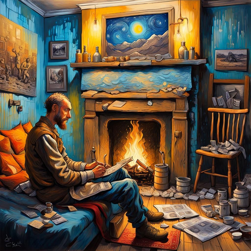 Cozy Fireside Scene in Acrylics, Polychromatic Graffiti Art