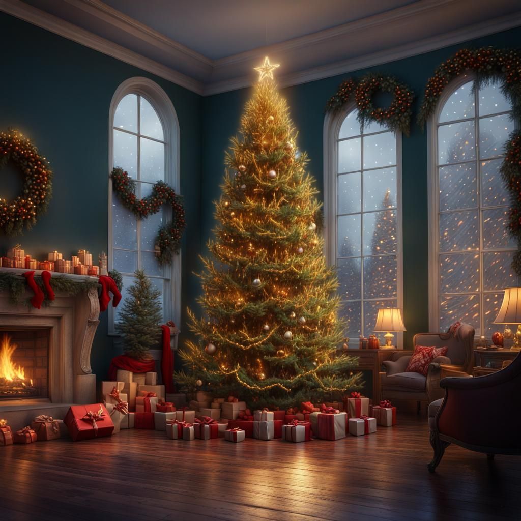 Christmas Family Around Tree: Detailed Matte Painting