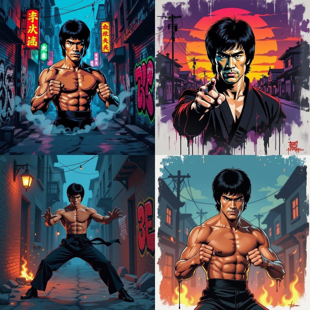 Bruce Lee in Tim Burton Style Street Art