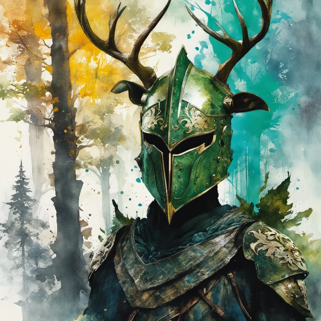 Green Knight in Forest: Detailed Watercolour Painting