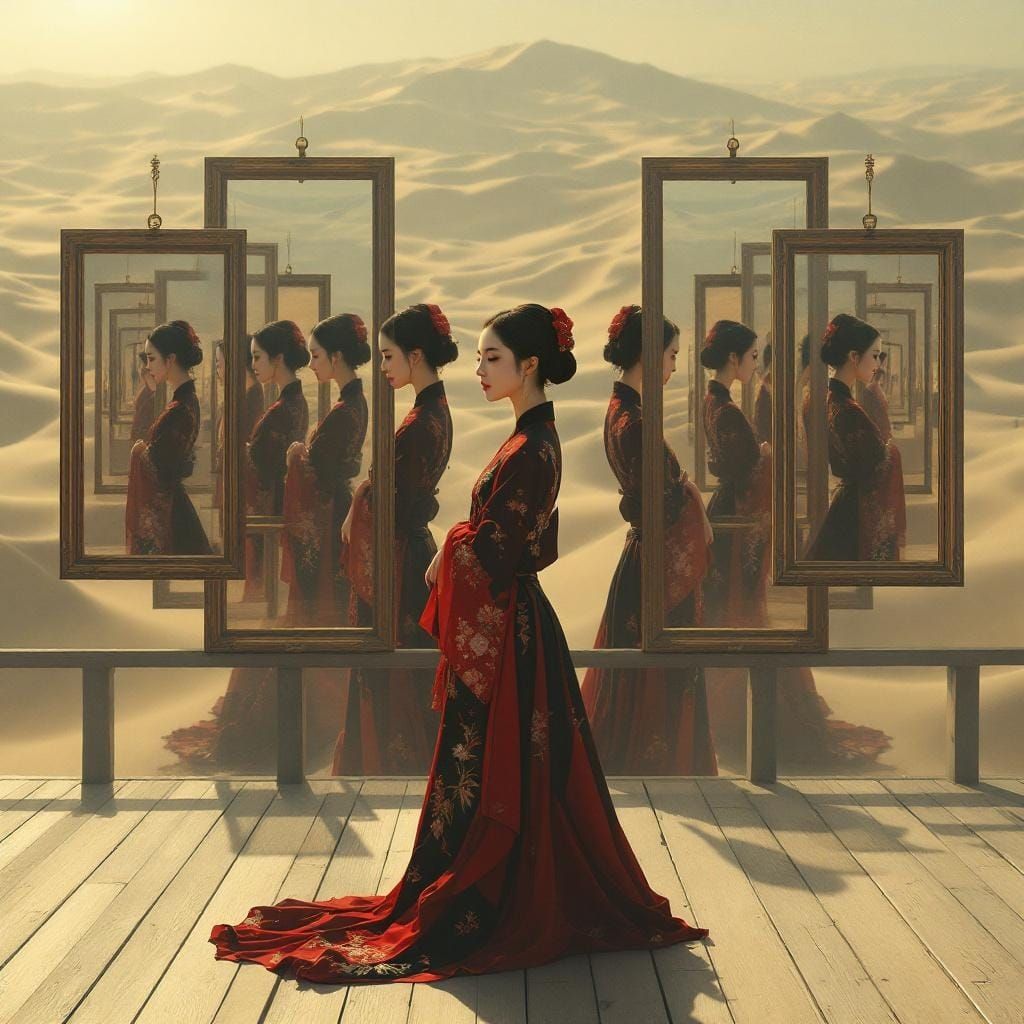 East Asian Woman in Desert Dreamscape, Digital Realism