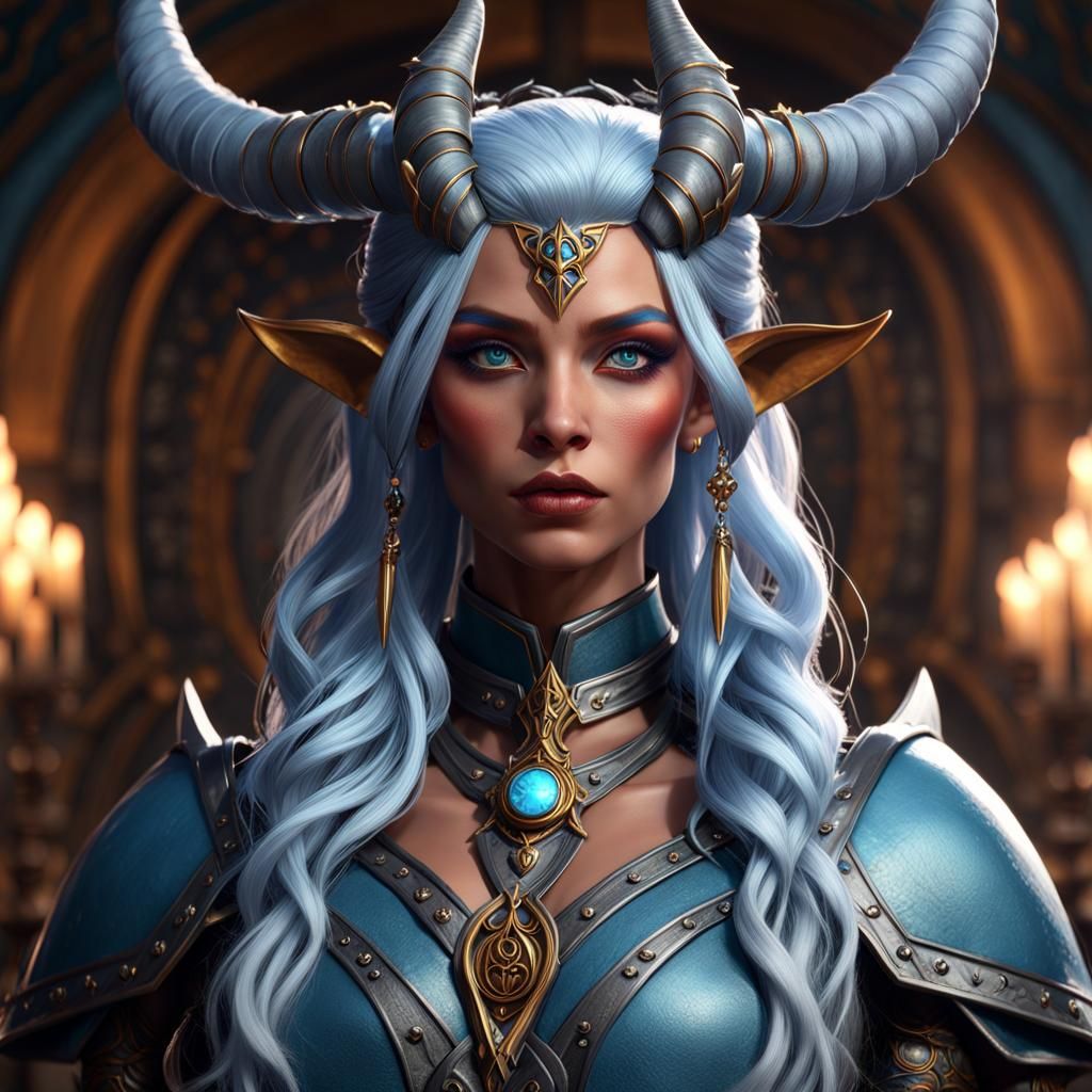 Tiefling Cleric with Light Blue Hair: Fantasy Art