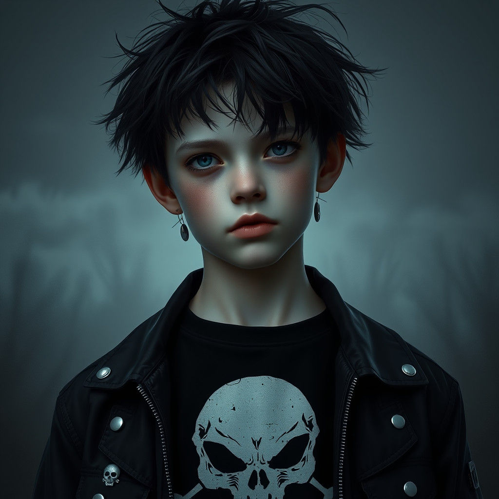 Eerie Teenage Boy with Skull Motif in Dark Mystical Style