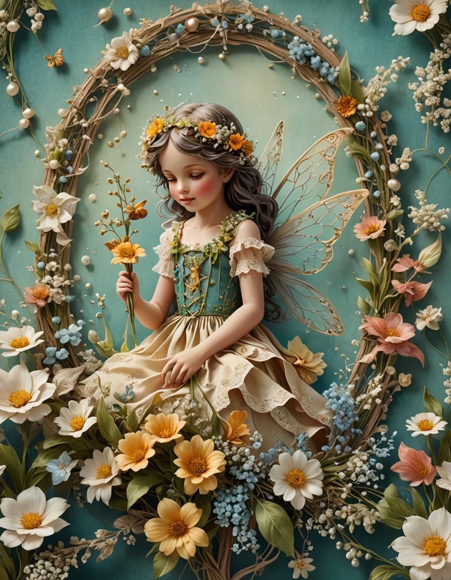Vintage Summer Fairy with Flowers and Pearls