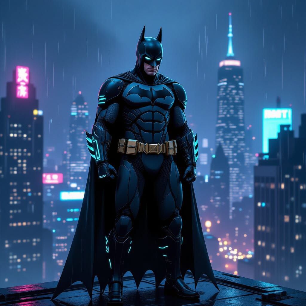 Batman in Futuristic Batsuit Overlooking Neon Gotham