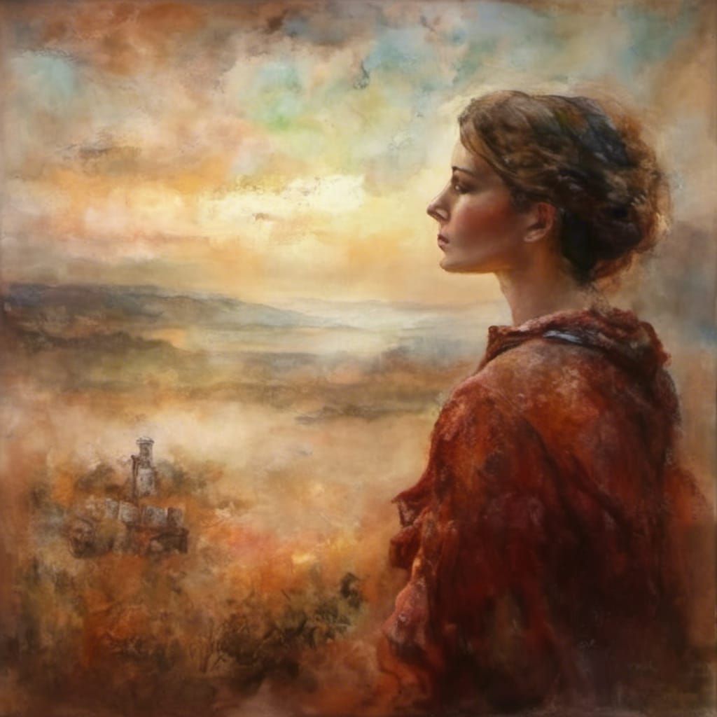 Impressionistic Oil Painting of Woman in Misty Landscape