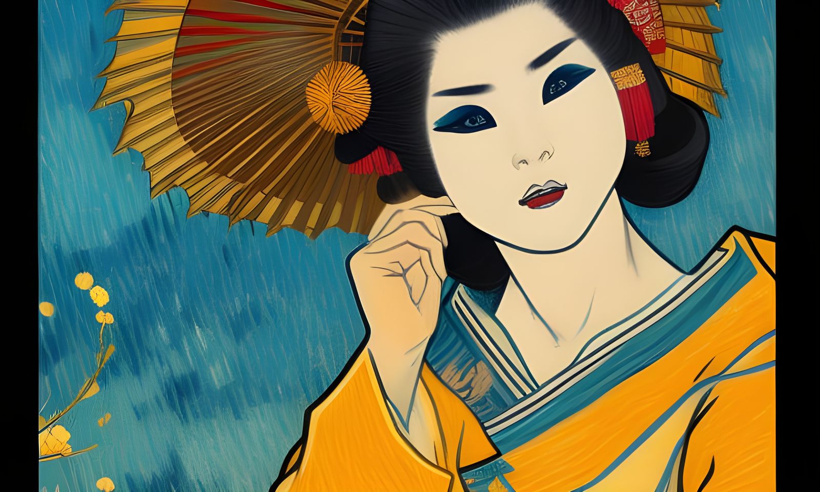 Geisha Girl Art Deco Painting in Van Gogh Style