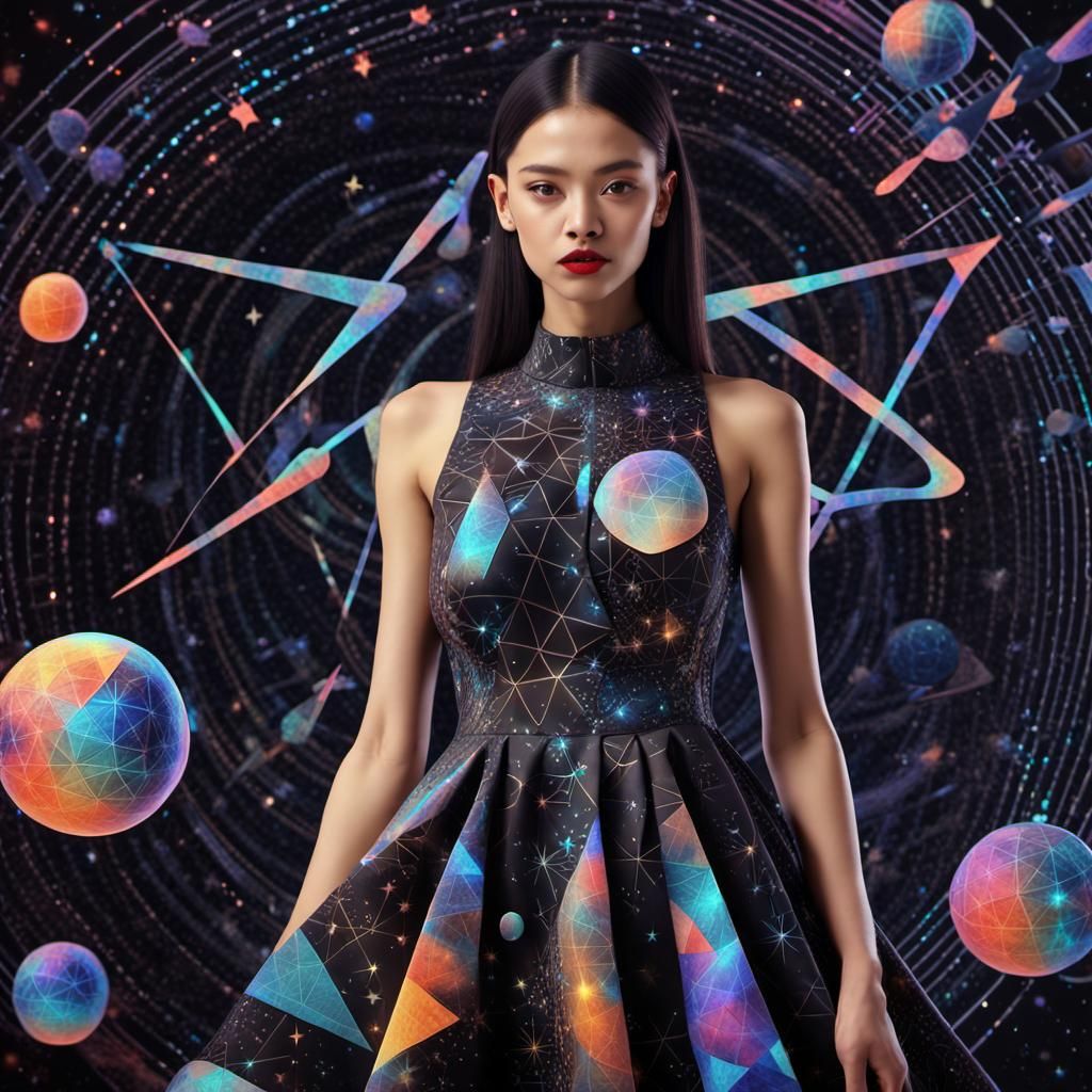Space, completely black, 3D batik, prismatic, pop art, holographic. crazy fashion model with binary stars dress with pla...