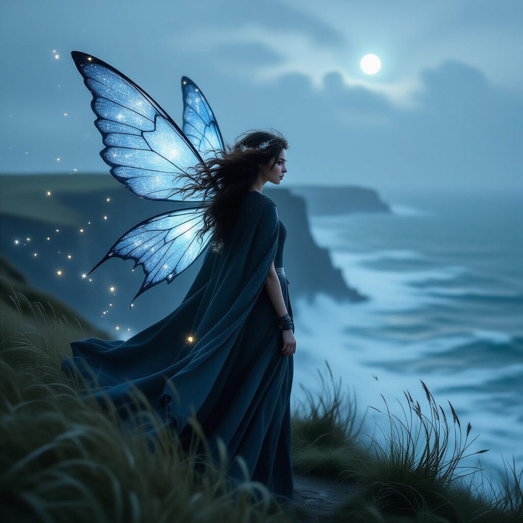 Fairy on Cliff Over Stormy Sea Under Starlight