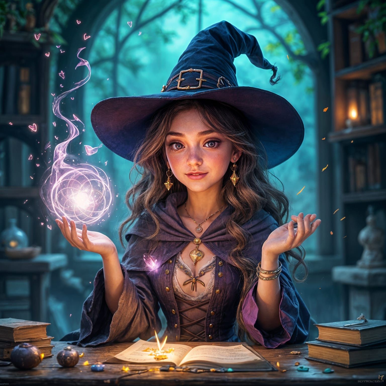 Witch Apprentice Casting Love Spell in Cozy Hut