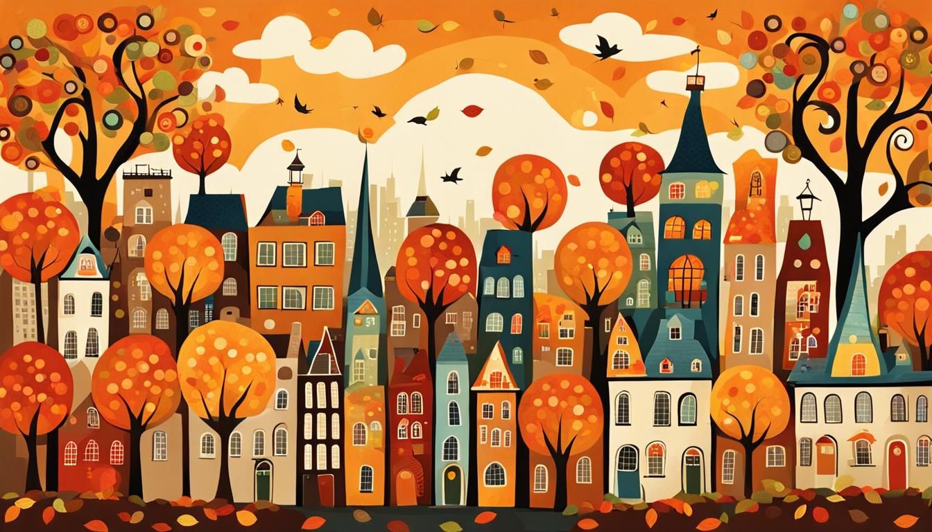 Whimsical Autumn City in Folk Art Style