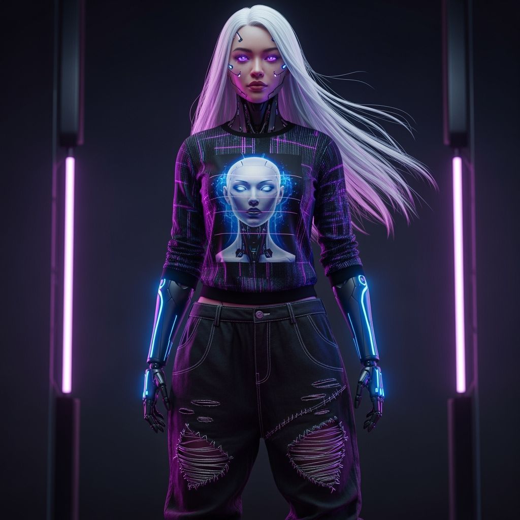 Futuristic Android with White Hair in Cyberpunk Style
