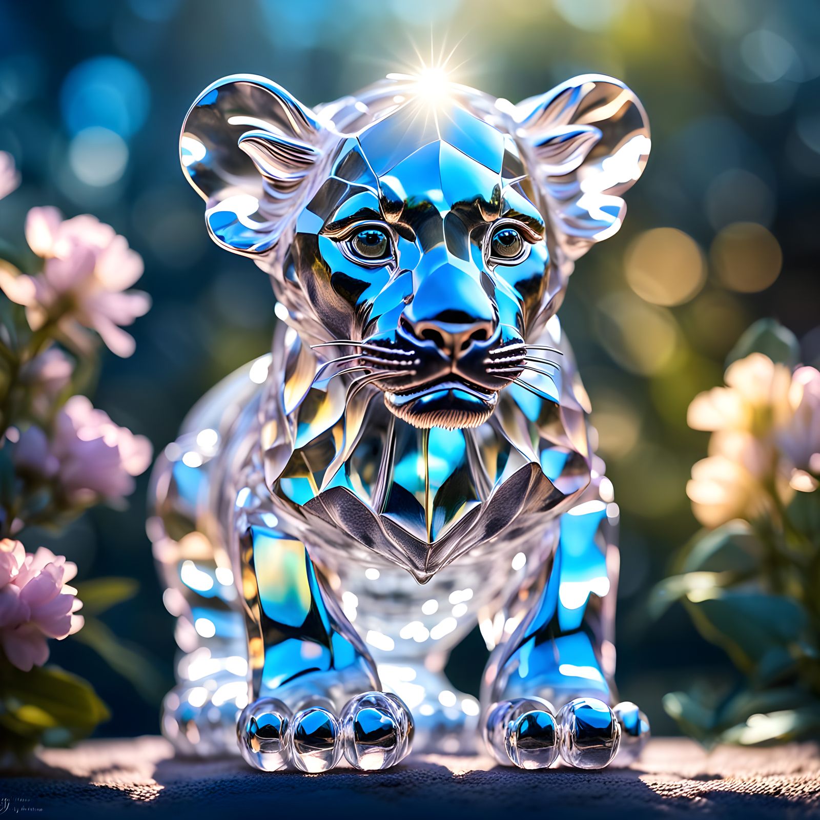 Transparent Crystal Lion Cub Sculpture in Natural Light