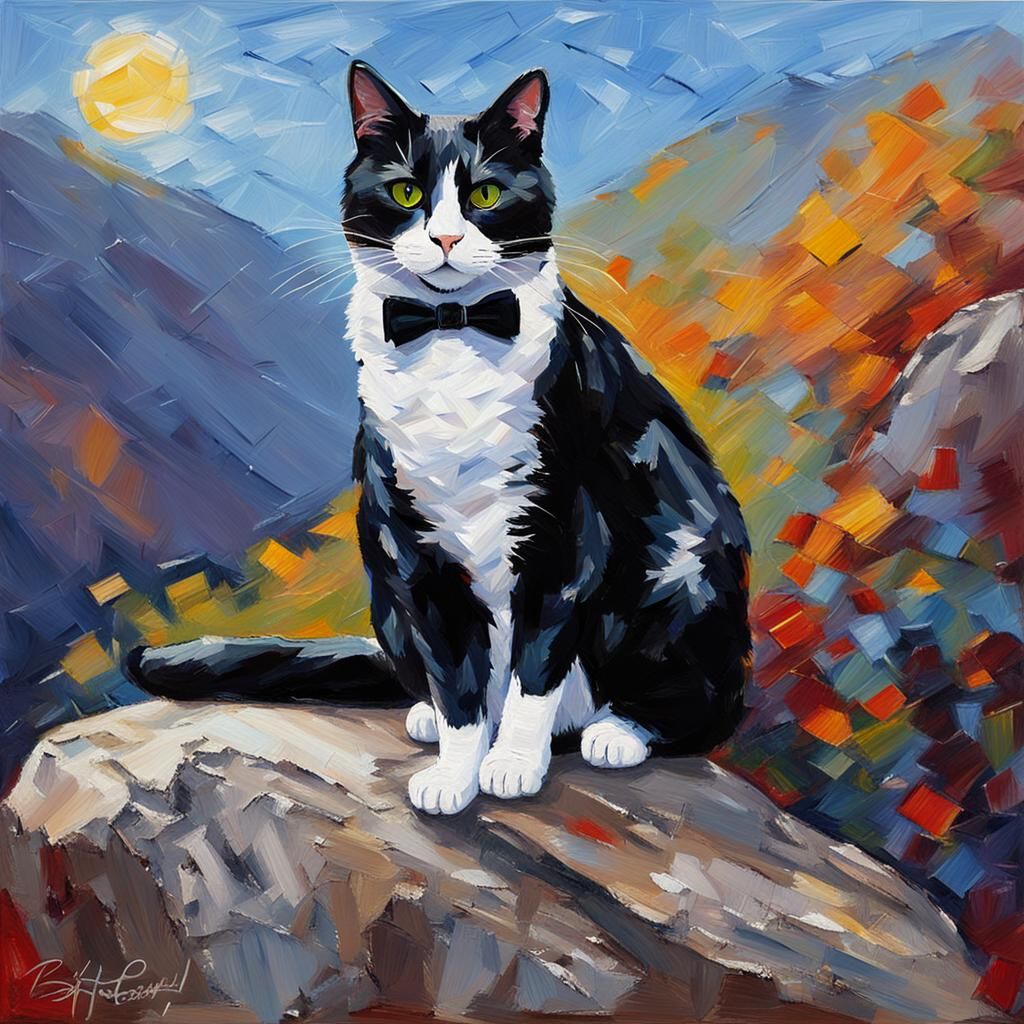 Tuxedo Cat Perched on Rocky Outcropping