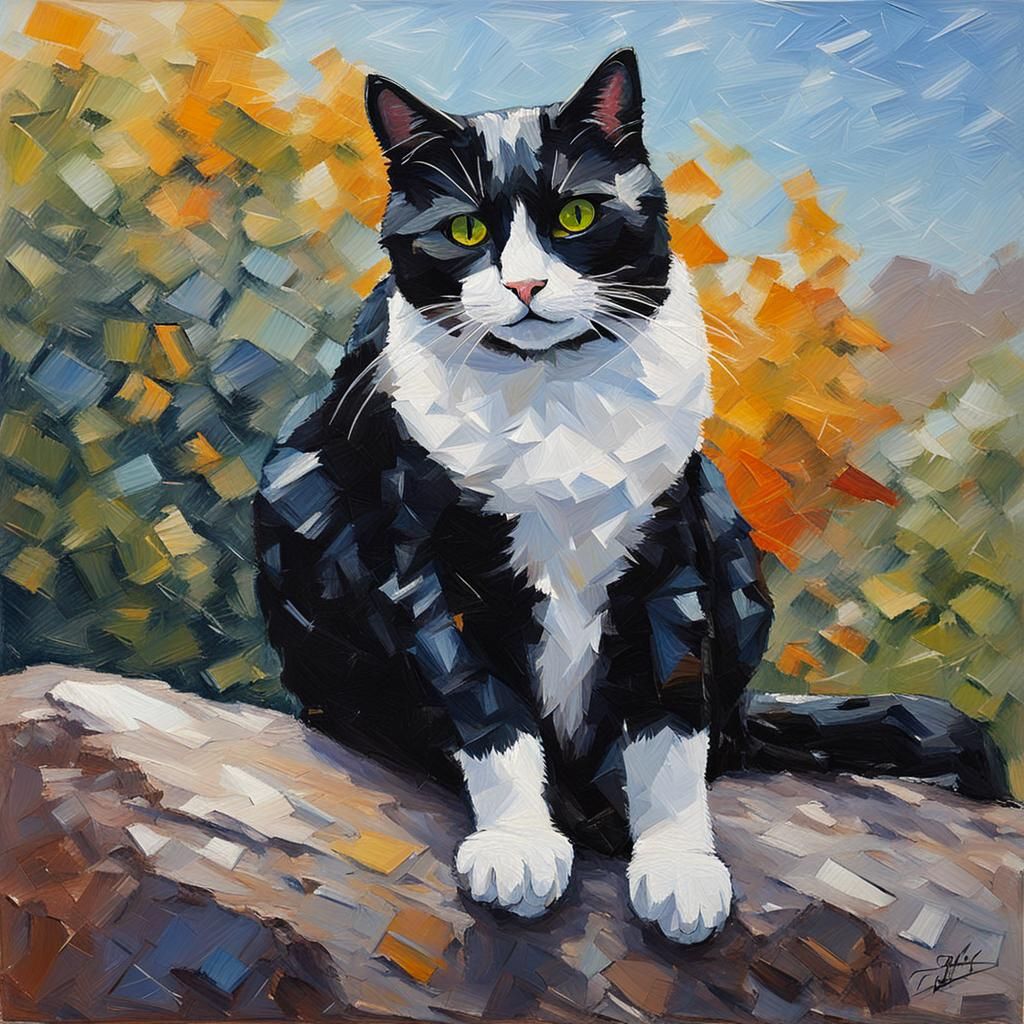 Tuxedo Cat in a Bold Palette Knife Painting