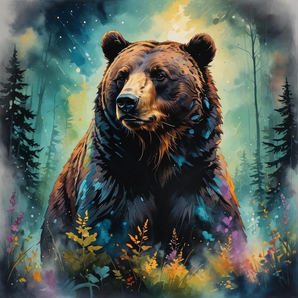 Bear Silhouette in Moonlight: Hyperrealistic Splash Art