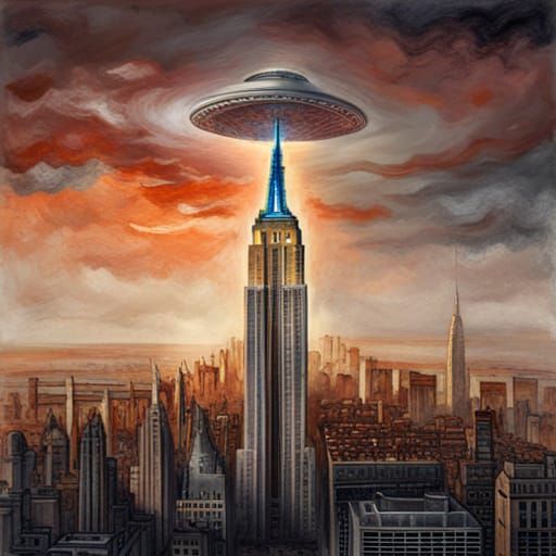 UFO Over New York in Colored Pencil Style