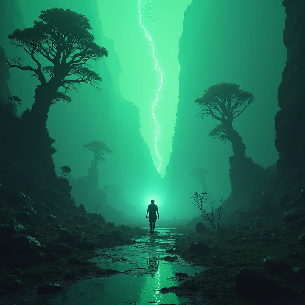 Ethereal Futuristic Landscape in Neon Green