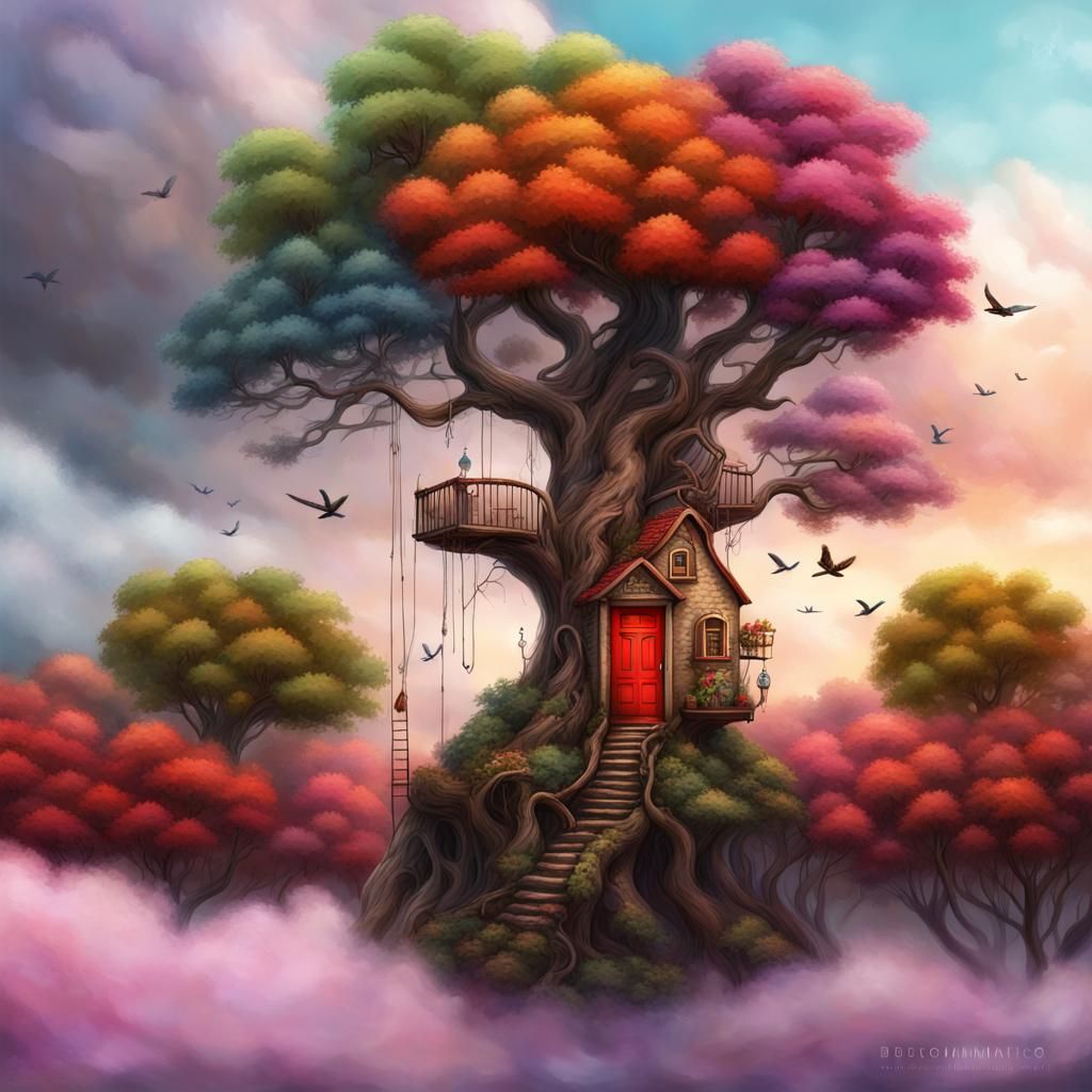 Whimsical Tree with Red Door Digital Painting