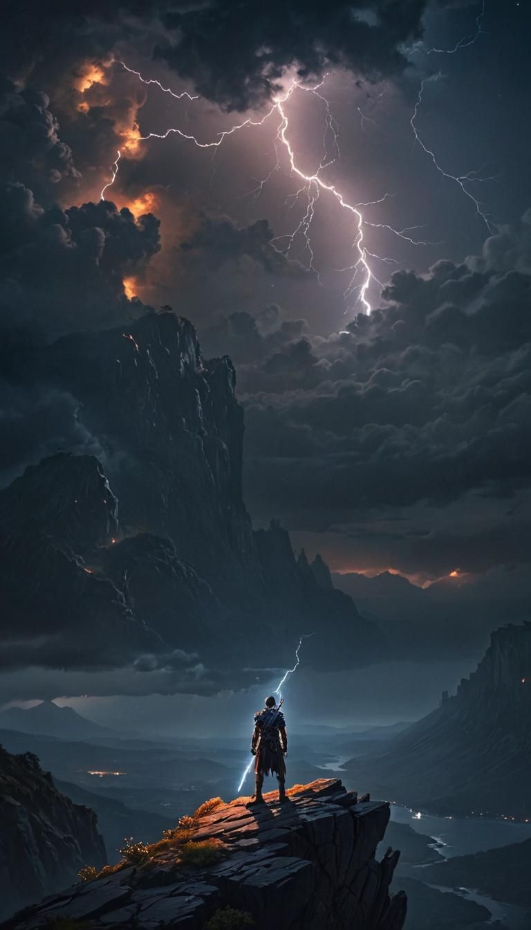 Lone Warrior Gazes at Starry Storm: Fantasy Art