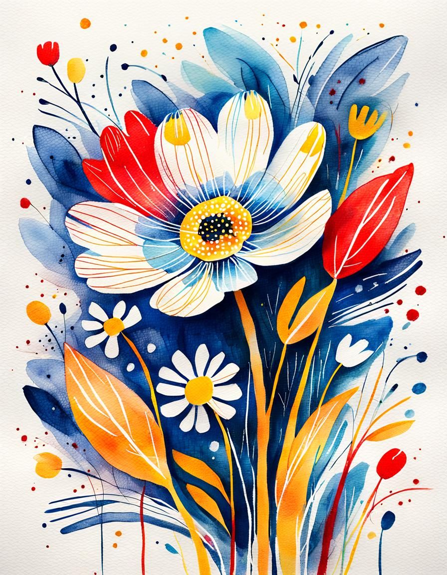 Red and White Flower in Folk Art Style