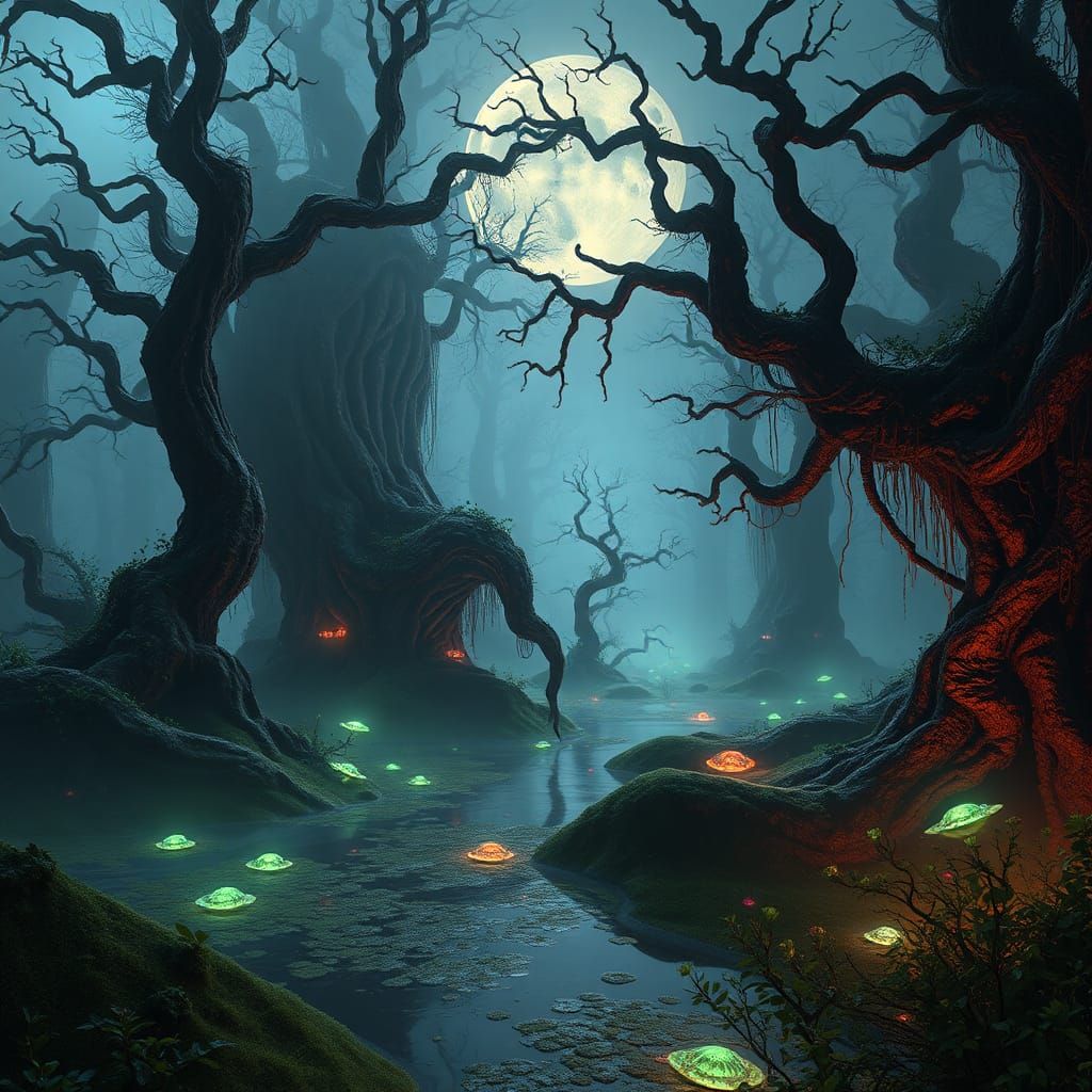Mystical Swamp Planet with Bioluminescent Flora