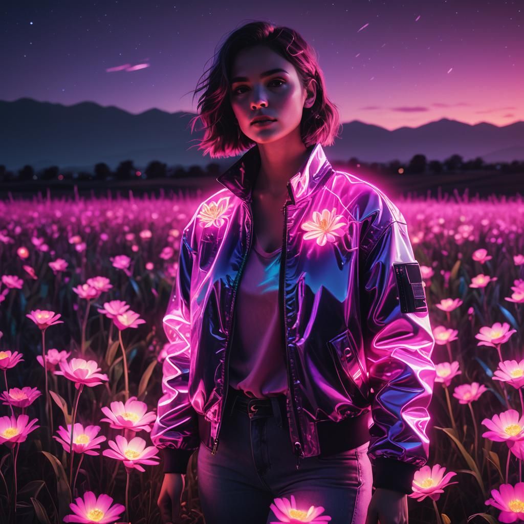Woman in Neon Jacket in Synthwave Field