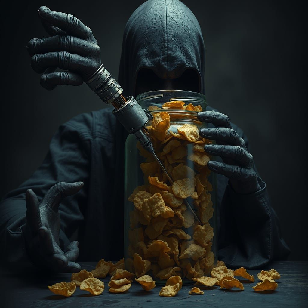 Ominous Figure Injecting Chips in Beksiński Style